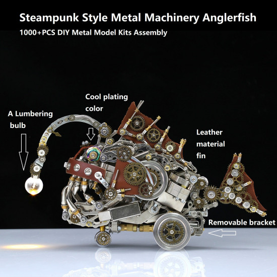 1064pcs+ steampunk deep-sea anglerfish 3d metal ocean model diy kit with luminous bulb