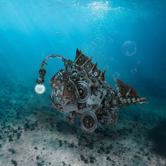 1064pcs+ steampunk deep-sea anglerfish 3d metal ocean model diy kit with luminous bulb