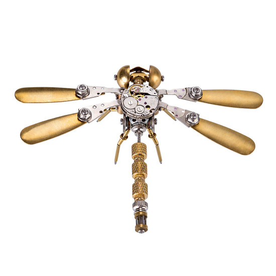 steampunk style 3d assembled metal golden dragonfly sculpture model